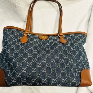 Gucci Navy & Tan Women's Tote Bag Denim/Leather brand NWT, dust bag & box